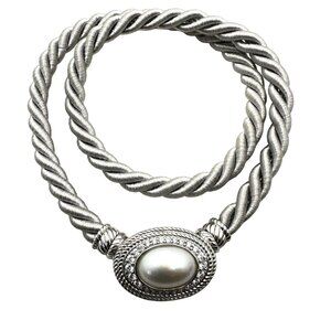 Judith Ripka Sterling Silver Pearl CZ Magnetic Pendant Grey Cord Necklace